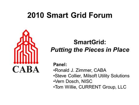 2010 Smart Grid Forum SmartGrid: Putting the Pieces in Place Panel: Ronald J. Zimmer, CABA Steve Collier, Milsoft Utility Solutions Vern Dosch, NISC Tom.