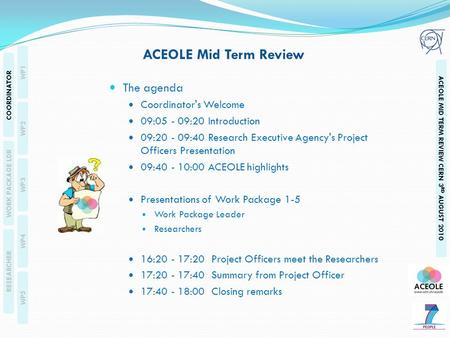 RESEARCHERS WP1 WP2 WP3 WP4 WP5 COORDINATOR WORK PACKAGE LDR RESEARCHER ACEOLE MID TERM REVIEW CERN 3 RD AUGUST 2010 The agenda Coordinator's Welcome 09:05.