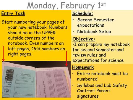 Monday, February 1 st Entry Task Start numbering your pages of your new notebook. Numbers should be in the UPPER outside corners of the notebook. Even.