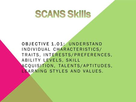 OBJECTIVE 1.01: UNDERSTAND INDIVIDUAL CHARACTERISTICS/ TRAITS, INTERESTS/PREFERENCES, ABILITY LEVELS, SKILL ACQUISITION, TALENTS/APTITUDES, LEARNING STYLES.