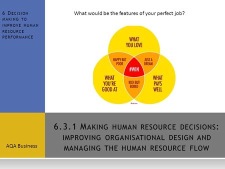 6.3.1 M AKING HUMAN RESOURCE DECISIONS : IMPROVING ORGANISATIONAL DESIGN AND MANAGING THE HUMAN RESOURCE FLOW AQA Business 6 D ECISION MAKING TO IMPROVE.