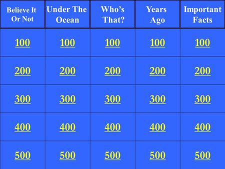 200 300 400 500 100 200 300 400 500 100 200 300 400 500 100 200 300 400 500 100 200 300 400 500 100 Believe It Or Not Under The Ocean Who’s That? Years.