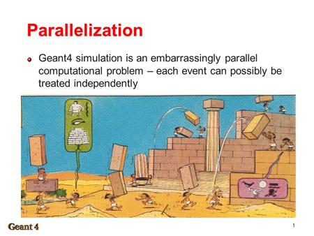 Parallelization Geant4 simulation is an embarrassingly parallel computational problem – each event can possibly be treated independently 1.