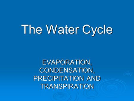 The Water Cycle EVAPORATION, CONDENSATION, PRECIPITATION AND TRANSPIRATION.