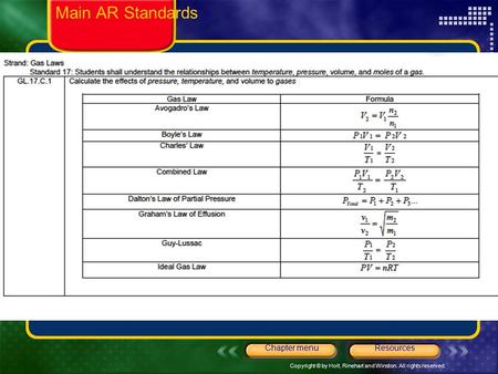 Copyright © by Holt, Rinehart and Winston. All rights reserved. ResourcesChapter menu Main AR Standards.