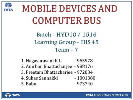 MOBILE DEVICES AND COMPUTER BUS Batch - HYD10 / 1516 Learning Group - HIS 45 Team - 7 1. Nagashravani K L- 965978 2. Anirban Bhattacharjee - 988176 3.