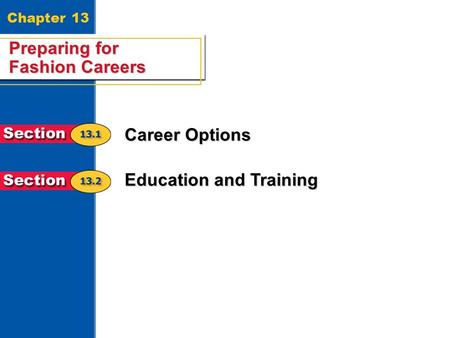 Preparing for Fashion Careers 1 Chapter 13 Preparing for Fashion Careers Career Options Education and Training.