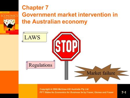 Copyright  2005 McGraw-Hill Australia Pty Ltd PPT Slides t/a Economics for Business 3e by Fraser, Gionea and Fraser 7-1 Chapter 7 Government market intervention.