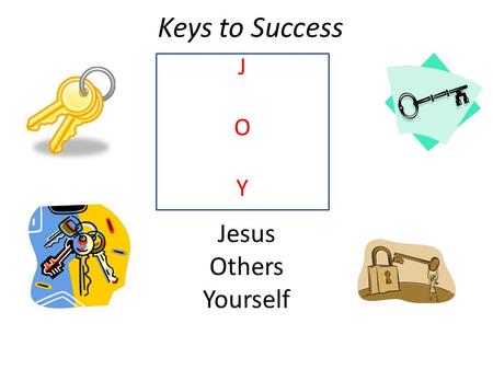 Keys to Success JOYJOY Jesus Others Yourself. Jesus Acts 2:38 Keys to Salvation must be first Matt 6:33 Seek Ye First…….. Rom 14: 17 Kingdom of God is……