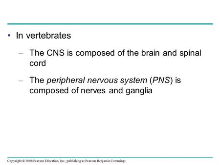 Copyright © 2008 Pearson Education, Inc., publishing as Pearson Benjamin Cummings In vertebrates – The CNS is composed of the brain and spinal cord – The.