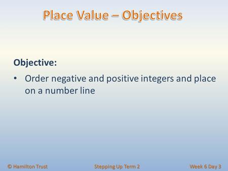 Objective: Order negative and positive integers and place on a number line © Hamilton Trust Stepping Up Term 2 Week 6 Day 3.