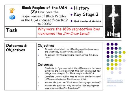 Outcomes & Objectives Objectives To understand what the 1896 Segregation Laws were and what they meant for Black People. To explain why the laws were known.