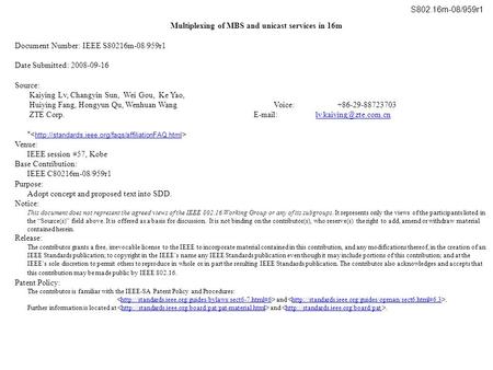 Multiplexing of MBS and unicast services in 16m Document Number: IEEE S80216m-08/959r1 Date Submitted: 2008-09-16 Source: Kaiying Lv, Changyin Sun, Wei.