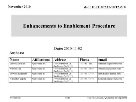 Submission November 2010 doc.: IEEE 802.11-10/1236r0 Enhancements to Enablement Procedure Slide 1 Santosh Abraham, Qualcomm Incorporated Date: 2010-11-02.