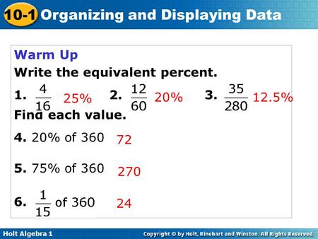 Holt Algebra 1 10-1 Organizing and Displaying Data Warm Up Write the equivalent percent. 1.2. 3. Find each value. 4. 20% of 360 5. 75% of 360 6. 25% 20%12.5%