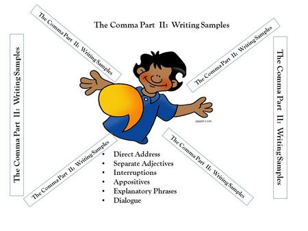 The Comma Part II: Writing Samples Direct Address Separate Adjectives Interruptions Appositives Explanatory Phrases Dialogue The Comma Part II: Writing.