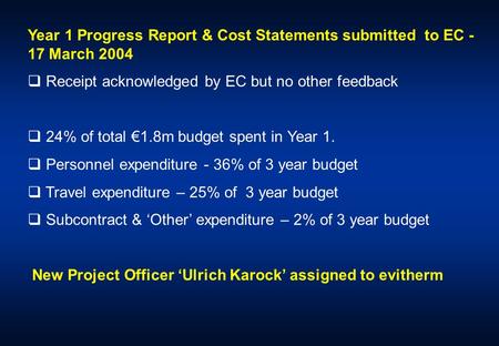 Year 1 Progress Report & Cost Statements submitted to EC - 17 March 2004  Receipt acknowledged by EC but no other feedback  24% of total €1.8m budget.