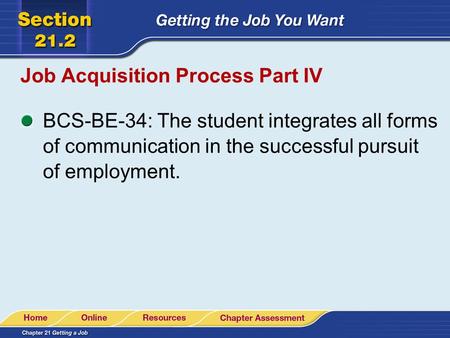 Job Acquisition Process Part IV BCS-BE-34: The student integrates all forms of communication in the successful pursuit of employment.