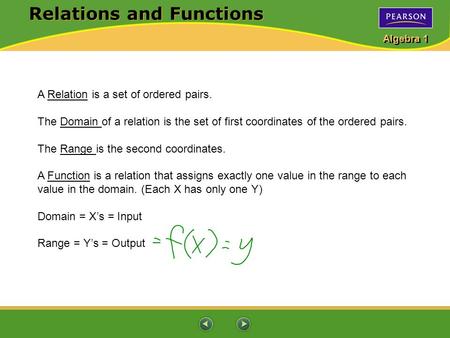 Algebra 1 Relations and Functions A Relation is a set of ordered pairs. The Domain of a relation is the set of first coordinates of the ordered pairs.