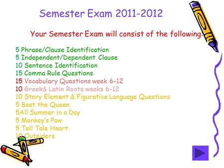 Semester Exam 2011-2012 Your Semester Exam will consist of the following: 5 Phrase/Clause Identification 5 Independent/Dependent Clause 10 Sentence Identification.