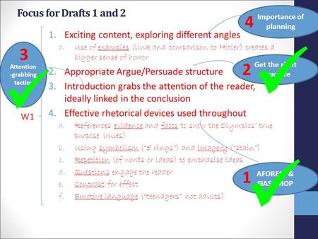 Focus for Drafts 1 and 2 1.Exciting content, exploring different angles a.Use of examples (link and comparison to Hitler) creates a bigger sense of horror.