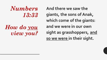 Numbers 13:33 How do you view you? And there we saw the giants, the sons of Anak, which come of the giants: and we were in our own sight as grasshoppers,