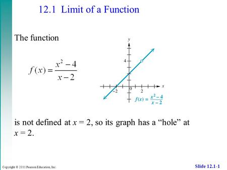 Copyright © 2011 Pearson Education, Inc. Slide 12.1-1 12.1 Limit of a Function The function is not defined at x = 2, so its graph has a “hole” at x = 2.