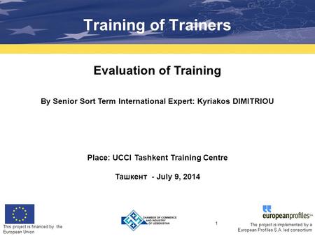 This project is financed by the European Union 1 The project is implemented by a European Profiles S.A. led consortium Evaluation of Training By Senior.