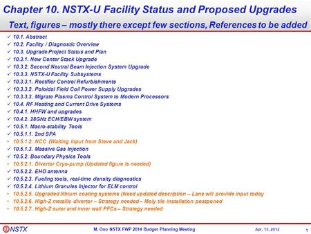 M. Ono NSTX FWP 2014 Budget Planning Meeting Apr. 15, 2012 Chapter 10. NSTX-U Facility Status and Proposed Upgrades Text, figures – mostly there except.