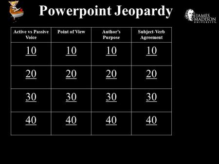 Powerpoint Jeopardy Active vs Passive Voice Point of ViewAuthor’s Purpose Subject-Verb Agreement 10 20 30 40.