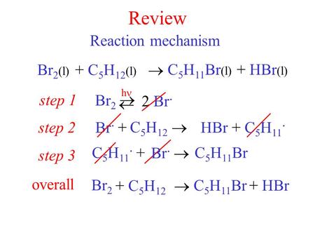 Review Reaction mechanism Br 2 (l) step 1 Br 2 2 Br. h step 2Br. + step 3 C 5 H 11. + overall Br 2 C 5 H 12  HBr + C 5 H 11. Br.  C 5 H 11 Br + C 5 H.