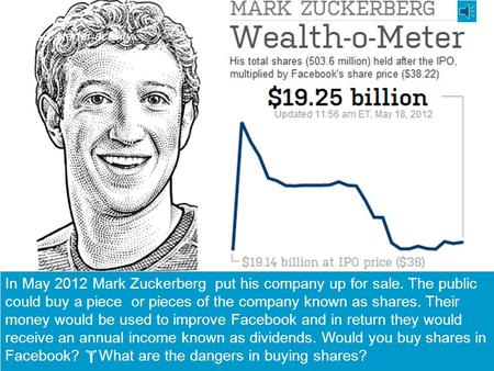  starter activity Describe the picture or source here. In May 2012 Mark Zuckerberg put his company up for sale. The public could buy a piece or pieces.