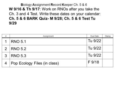 Biology Assignment Record Keeper Ch. 5 & 6 W 9/16 & Th 9/17: Work on RNOs after you take the Ch. 3 and 4 Test. Write these dates on your calendar: Ch.