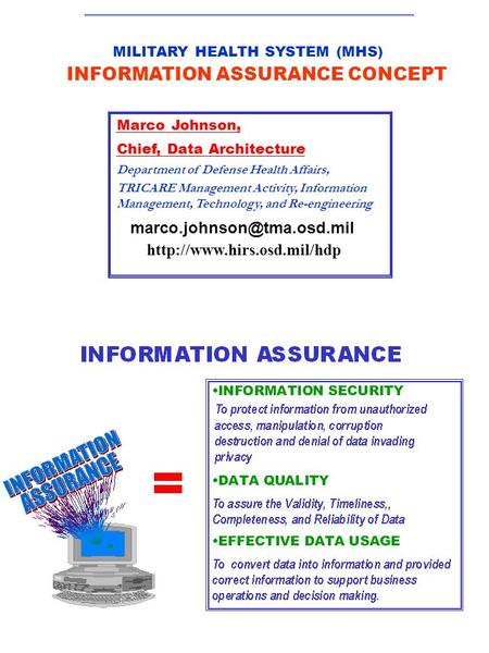 MILITARY HEALTH SYSTEM (MHS) Marco Johnson, Chief, Data Architecture Department of Defense Health Affairs, TRICARE Management Activity, Information Management,