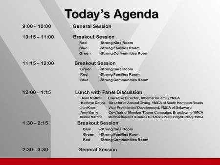 Today’s Agenda Today’s Agenda 9:00 – 10:00 General Session 10:15 – 11:00 Breakout Session Red-Strong Kids Room Blue-Strong Families Room Green-Strong Communities.