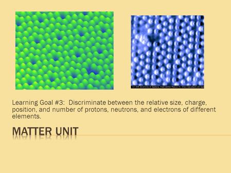 Learning Goal #3: Discriminate between the relative size, charge, position, and number of protons, neutrons, and electrons of different elements.