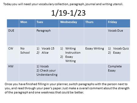 1/19-1/23 MonTuesWednesdayThursFriday DUEParagraphVocab Due CWNo School 1)Vocab 15 2)Alice 1)Writing Instruction 2)Essay Writing Essay Writing1)Vocab Quiz.