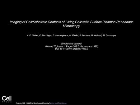 Imaging of Cell/Substrate Contacts of Living Cells with Surface Plasmon Resonance Microscopy K.-F. Giebel, C. Bechinger, S. Herminghaus, M. Riedel, P.