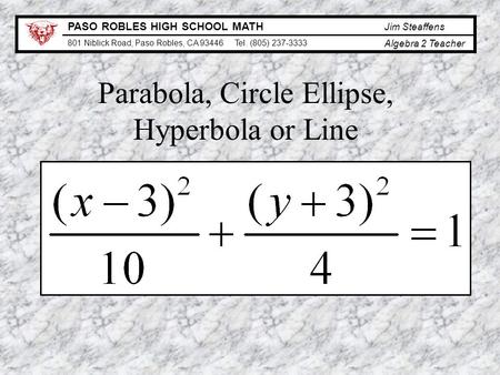 PASO ROBLES HIGH SCHOOL MATH Jim Steaffens 801 Niblick Road, Paso Robles, CA 93446 Tel. (805) 237-3333 Algebra 2 Teacher Parabola, Circle Ellipse, Hyperbola.