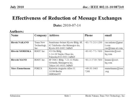 Doc.: IEEE 802.11-10/0873r0 Submission July 2010 Hiroki Nakano, Trans New Technology, Inc.Slide 1 Effectiveness of Reduction of Message Exchanges Date: