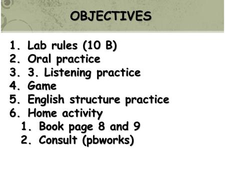 OBJECTIVES 1.Lab rules (10 B) 2.Oral practice 3.3. Listening practice 4.Game 5.English structure practice 6.Home activity 1.Book page 8 and 9 2.Consult.