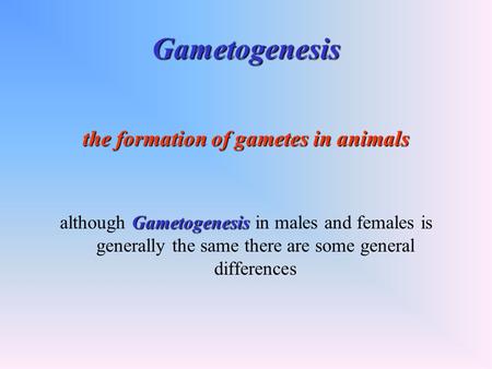 Gametogenesis the formation of gametes in animals Gametogenesis although Gametogenesis in males and females is generally the same there are some general.