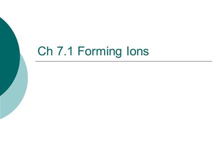 Ch 7.1 Forming Ions. Review…  Cations are Groups 1A, 2A, and 3A They have positive charges.  Anions are Groups 5A, 6A, and 7A They have negative charges.