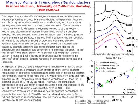 Magnetic Moments in Amorphous Semiconductors Frances Hellman, University of California, Berkeley, DMR 0505524 This project looks at the effect of magnetic.