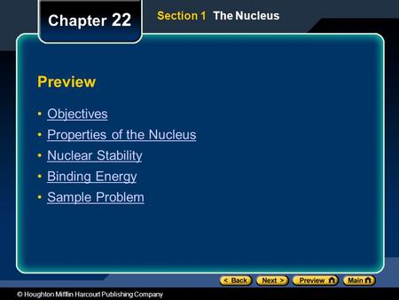 © Houghton Mifflin Harcourt Publishing Company Preview Objectives Properties of the Nucleus Nuclear Stability Binding Energy Sample Problem Chapter 22.