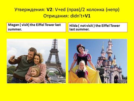 Megan ( visit) the Eiffel Tower last summer. Hilda ( not visit ) the Eiffel Tower last summer. Утверждения: V2: V+ed (прав)/2 колонка (непр) Отрицания: