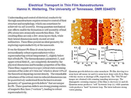 Electrical Transport in Thin Film Nanostructures Hanno H. Weitering, The University of Tennessee, DMR 0244570 Understanding and control of electrical conductivity.