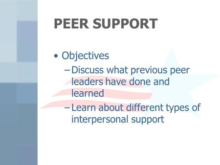 PEER SUPPORT Objectives –Discuss what previous peer leaders have done and learned –Learn about different types of interpersonal support.