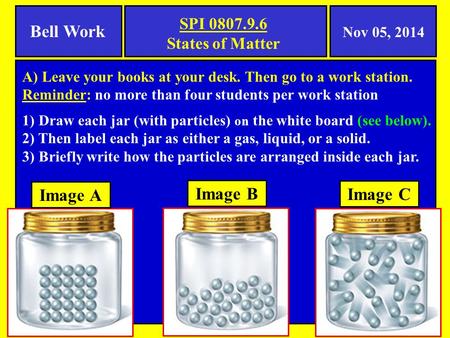 SPI 0807.9.6 States of Matter A) Leave your books at your desk. Then go to a work station. Reminder: no more than four students per work station 1) Draw.