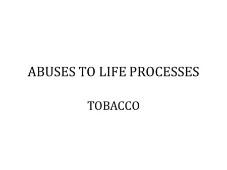 ABUSES TO LIFE PROCESSES TOBACCO. What is tobacco? It is a plant in which the leaves are dried are used to make cigarettes. There are more than 4 000.